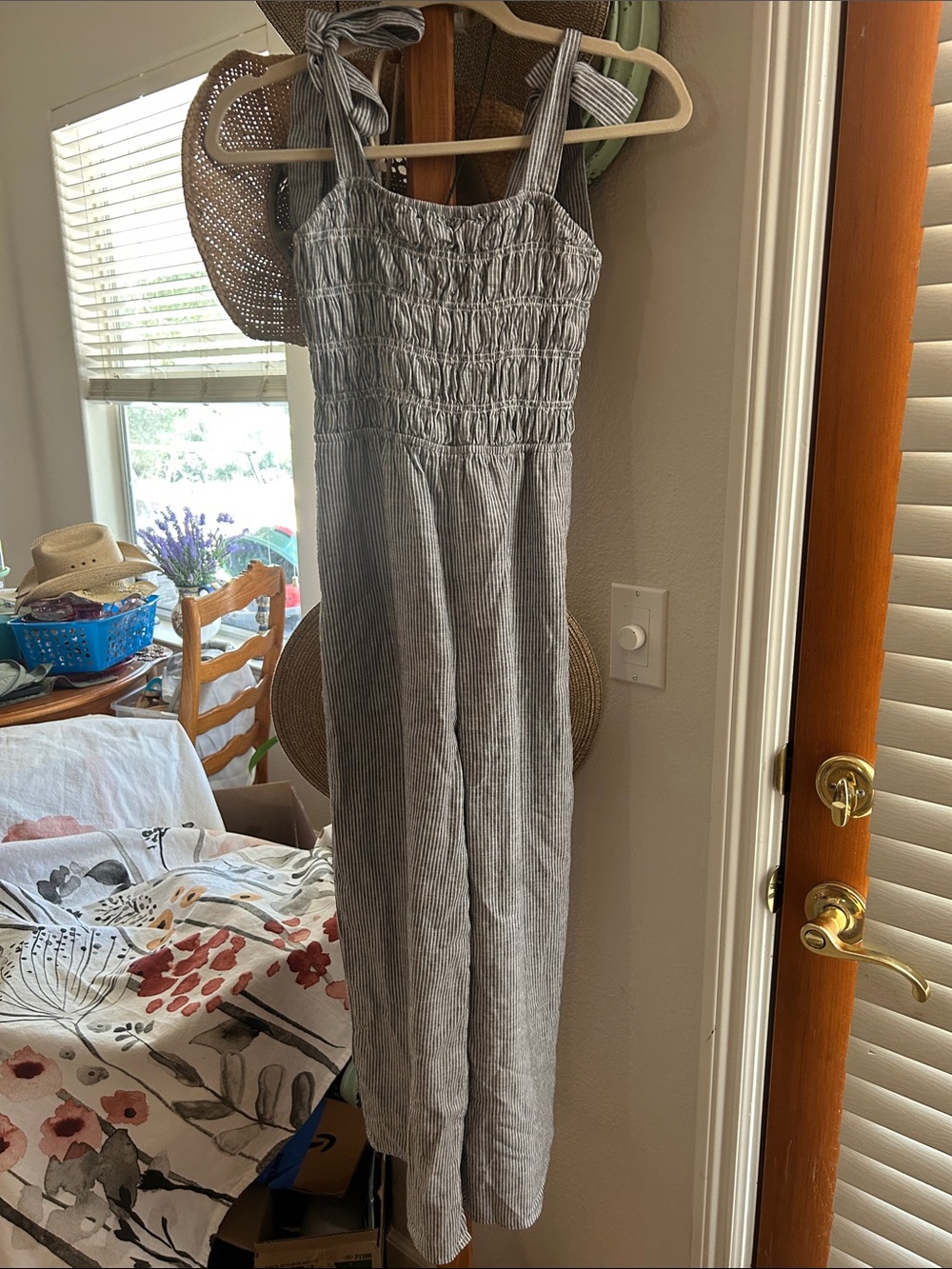 Garage Grey Striped Smocked Jumpsuit